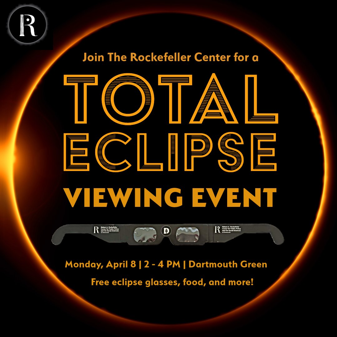 Join us on the @Dartmouth Green to safely view the Solar Eclipse on Monday, April 8, from 2 - 4 p.m. The maximum view of 98.71% coverage will be at 3:28 p.m. Eclipse glasses and refreshments will be provided! #Dartmouth #DartmouthCollege #Eclipse #Eclipse2024