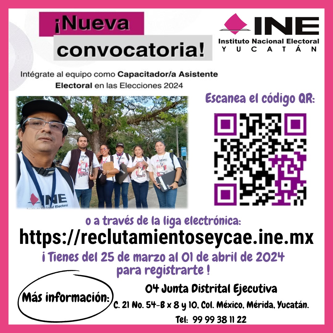 INEYucatan's tweet photo. ¡La 04 Junta Distrital Ejecutiva te invita a ser parte del equipo #INE en #Yucatán!
Participa como Capacitador/a Asistente Electoral
Del 25 de marzo al 01 de abril de 2024.
Más info. en la 04 JDE, en C. 21 #54B x 8 y 10, Col. México, Mérida y/o al teléfono: 999 938 11 22📷 https://t.co/o1k0NdKYu5