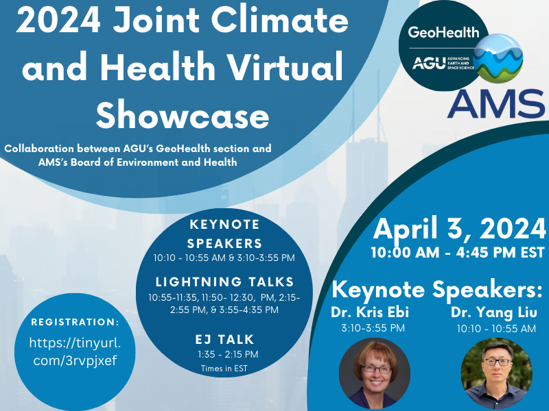 Please join! 👇 Joint AGU/AMS Climate & Health Showcase: Wed April 3, 10am to 4:45pm, EST! Registration: urldefense.com/v3/__https://n…$ Agenda: docs.google.com/document/d/1RN… Amazing keynote speakers: Dr. Yang Liu @EmoryRollins and Dr. Kris Ebi @kristie_ebi @uwglobalchange