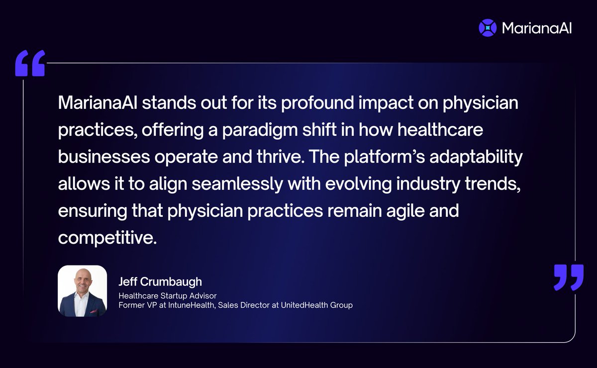 marianaaiHQ's tweet image. Here's what Jeff Crumbaugh (@JeffCrumbaugh), former VP at Intune Health and Sales Director at UnitedHealth Group, had to tell about MarianaAI.

Jeff brings decades of experience in healthcare sales and a deep understanding of how technology can transform medical practices.

(1/2)