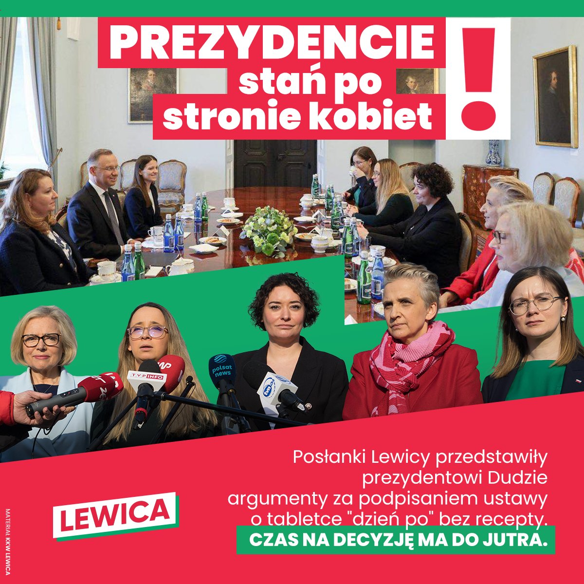 📣 Posłanki Lewicy spotkały się z prezydentem Dudą ws. pigułki 'dzień po'‼️ 💬 Przewodnicząca Klubu Lewicy @AM_Zukowska: 'Przedstawiłyśmy panu prezydentowi wszelkie możliwe argumenty natury medycznej, natury społecznej, także natury politycznej. Ma czas do jutra i mamy…