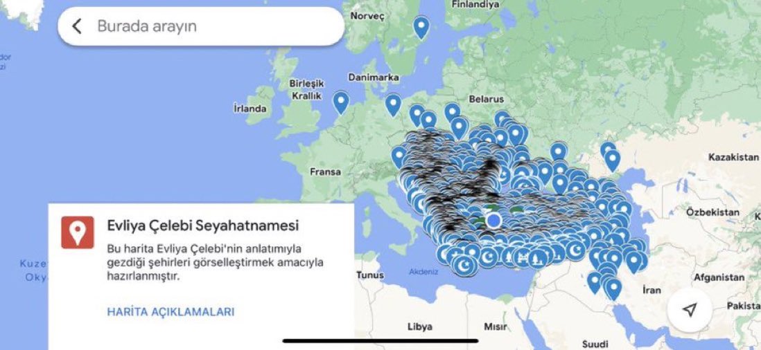 Evliya Çelebi’nin gezip gördüğü yerler Google Harita üzerinde işaretlenmiş. İşaretli konumlara tıkladığınızda Evliya Çelebi’nin o yer hakkındaki notlarını da okuyabiliyorsunuz.