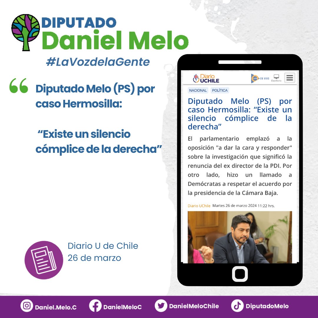#Prensa 🔴Diputado Melo (PS) por caso Hermosilla: “Existe un silencio cómplice de la derecha”

👉🏽El parlamentario emplazó a la oposición “a dar la cara y responder” sobre la investigación que significó la renuncia del ex director de la PDI.

🔗 radio.uchile.cl/2024/03/26/dip…