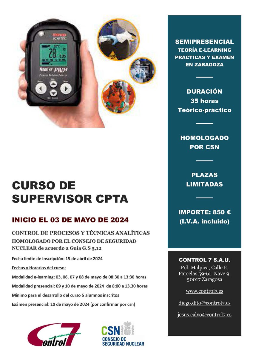 🌟 Curso Homologado por el CSN de Supervisor de Control de Procesos en modalidad semipresencial con práctica y examen en Zaragoza. Impartido por Control 7. Aprende de manera flexible con clases elearning y prácticas presenciales. ¡Inscríbete ya! Plazas limitadas. #Supervisor