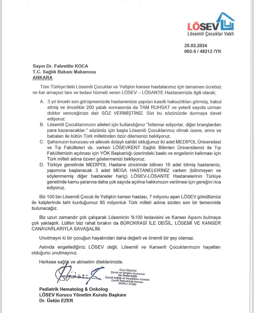 Sağlık Bakanı Fahrettin Koca’ya mektupla açık çağrı ; Lütfen bizi rahat bırakın da BÜROKRASİ İLE DEĞİL , LÖSEMİ ve KANSER CANAVARLARIYLA SAVAŞALIM . Löseminin %100 tedavisini ve Kanser aşısını bulmaya çok yaklaştık .