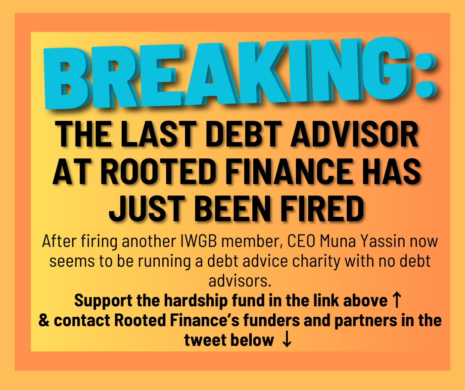 📢BREAKING: @RootedFinance CEO @MunaYassin has fired yet another trade union member. She has now fired 83% of her front-line work force, leaving one advice manager remaining. While we campaign for reinstatement, donate here to help these workers survive: actionnetwork.org/fundraising/su…