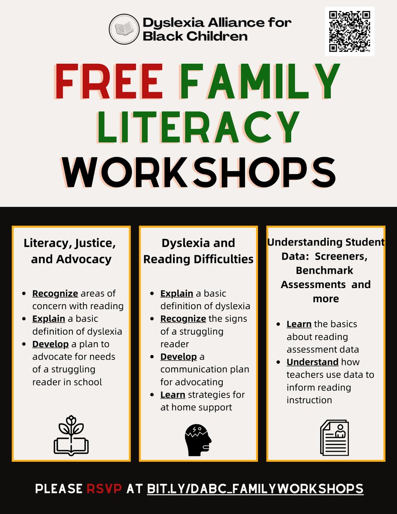 Attention Community Leaders, Schools, and Organizations! We're thrilled to announce FREE DABC Family Literacy Workshops Available Workshops: Literacy, Justice, and Advocacy Dyslexia and Reading Difficulties Understanding Student Data 🗓️ Schedule: l8r.it/nkiV