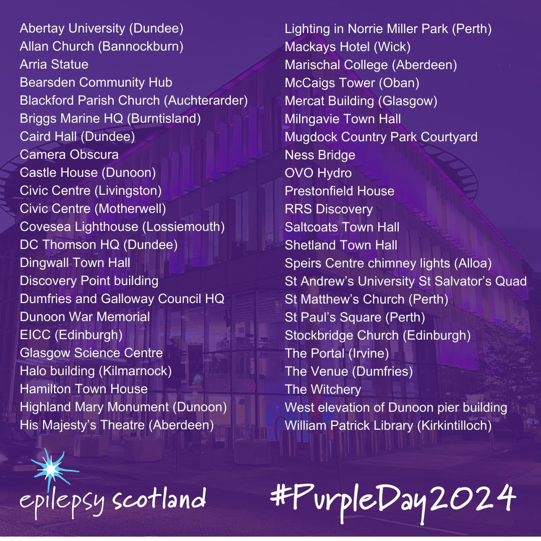 Tonight, 46 buildings and landmarks across Scotland will be lit up purple to help raise awareness of epilepsy! Send us pictures of them lit up purple by emailing our Communications Officer David at dcoates@epilepsyscotland.org.uk #PurpleDay2024 #Epilepsy #EpilepsyAwareness
