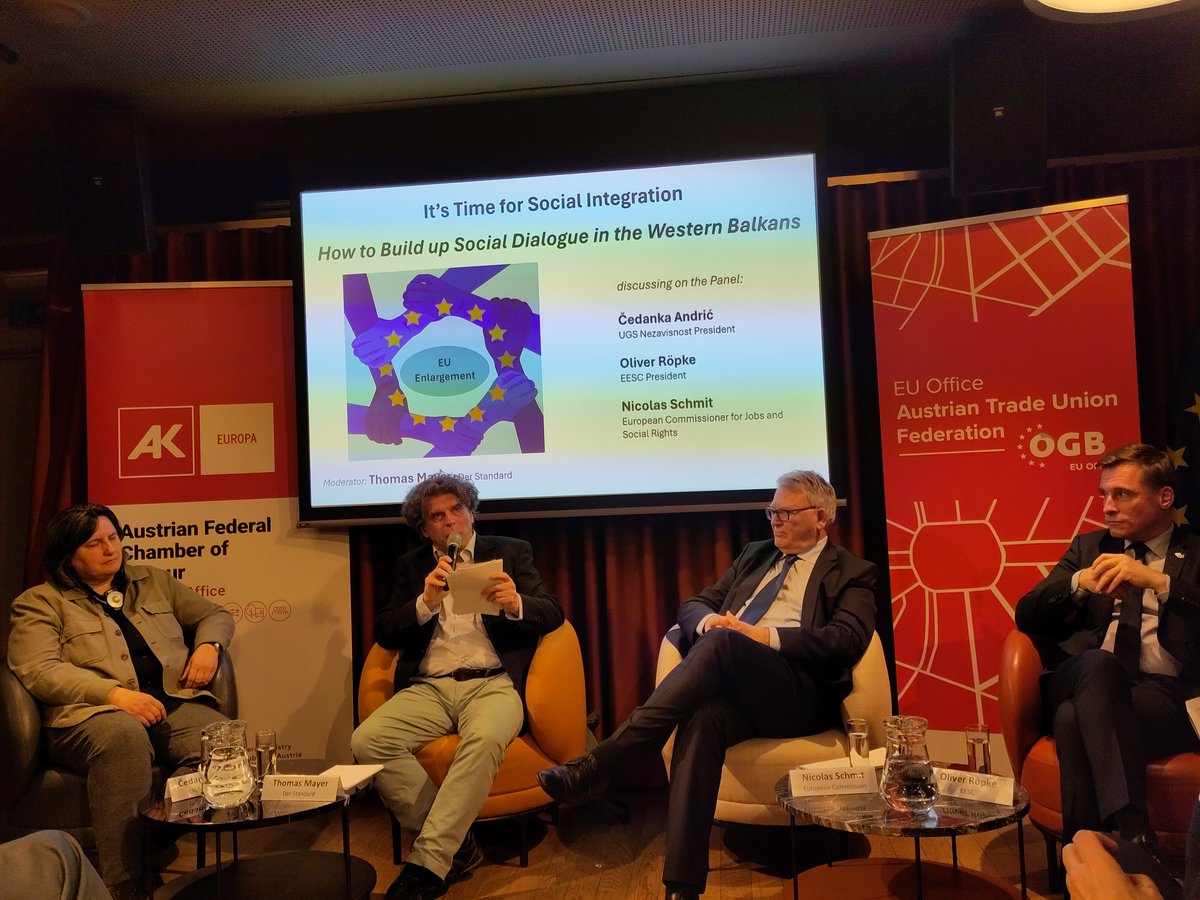 Our joint event with @oegb_eu on #SocialIntegration in the context of #EUenlargement and launch of the Central European Trade Union Network is underway with Oliver Röpke, @EESC_President, Commissioner @NicolasSchmitEU and Čedanka Andrič, President of @UGS_Nezavisnost