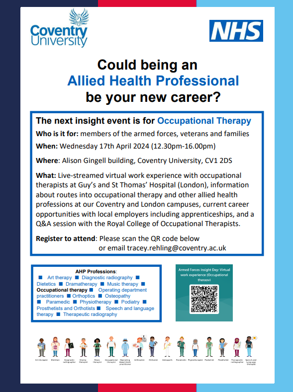Dr Tracey Rehling π (@traceyrehlingot) on Twitter photo Member of the Armed Forces community & interested in a career as an allied health professional ? Come to our occupational therapy insight event at Coventry University on 17th April ! <a href="/GSTTnhs/">Guy's and St Thomas'</a> <a href="/NHSEngland/">NHS England</a> <a href="/KimStuartOT/">Dr Kim Stuart πππ</a> @shimada_angela <a href="/theRCOT/">Royal College of Occupational Therapists</a> <a href="/ot_annie/">Anne Segalini</a> <a href="/griffithst_1/">Teresa Griffiths CBE ARRC</a> <a href="/covcampus/">Coventry University</a> Member of the Armed Forces community & interested in a career as an allied health professional ? Come to our occupational therapy insight event at Coventry University on 17th April ! <a href="/GSTTnhs/">Guy's and St Thomas'</a> <a href="/NHSEngland/">NHS England</a> <a href="/KimStuartOT/">Dr Kim Stuart πππ</a> @shimada_angela <a href="/theRCOT/">Royal College of Occupational Therapists</a> <a href="/ot_annie/">Anne Segalini</a> <a href="/griffithst_1/">Teresa Griffiths CBE ARRC</a> <a href="/covcampus/">Coventry University</a>
