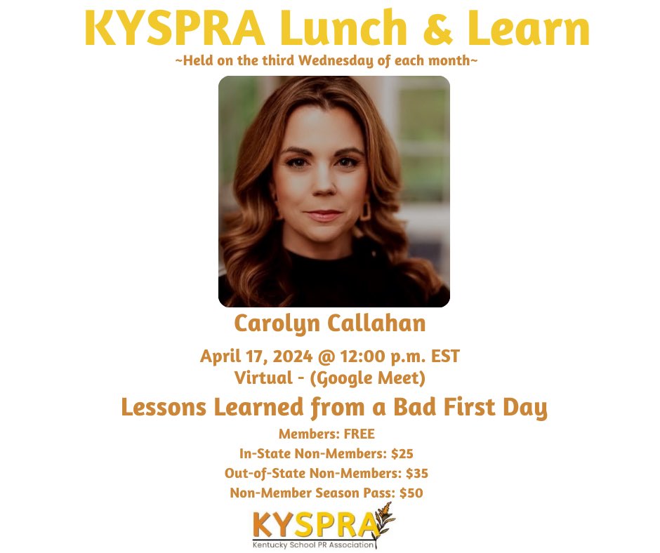 🆕: Join us on Wednesday, April 17 @ 12:00 PM for our monthly KYSPRA Lunch &amp; Learn! Carolyn Callahan will present, “Lessons Learned from a Bad First Day”. 🆓 for KYSPRA members! Register at the link below.

REGISTRATION🔗: forms.gle/6ypVJmHZ1Bp1rr… 
 
#KYSPRA
#KYSPRALunchandLearns