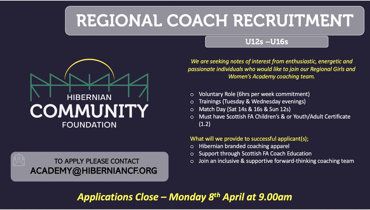 REGIONAL COACH RECRUITMENT ⚽️ We have exciting opportunities available to join our regional academy coaching team! If you would like more information or would like to register interest please email academy@hiberniancf.org Closing Date: Monday 8th April at 9am 💚⚽️🇳🇬