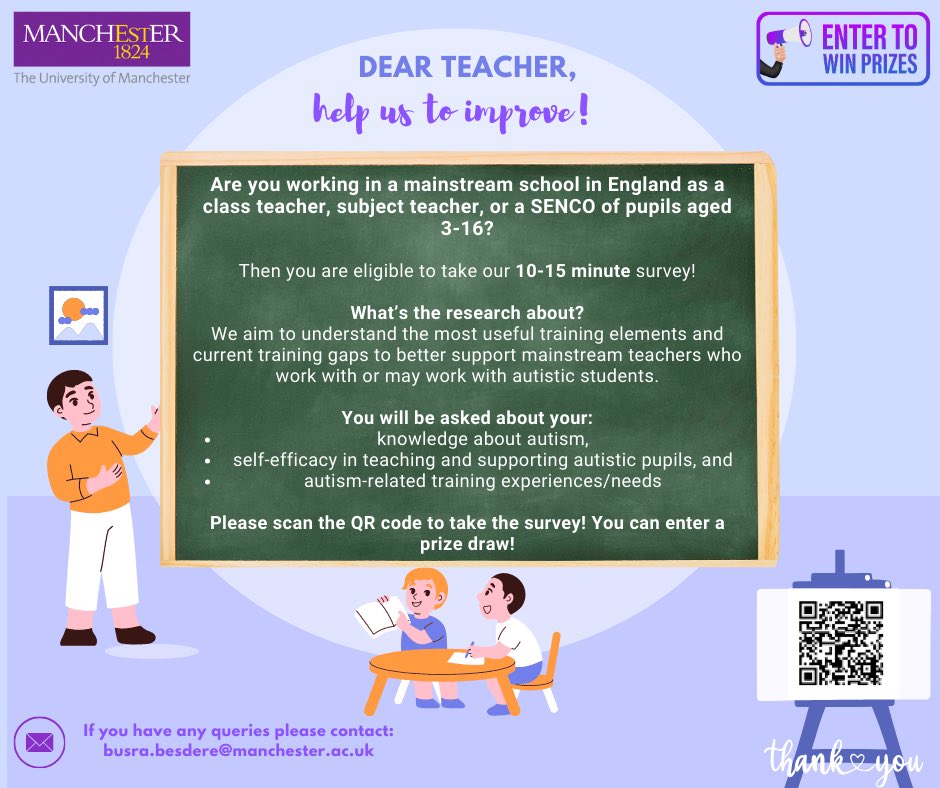 📢📢 #callforparticipants 

Hello #edutwitter 

I’m looking for teachers/SENCOs to help me with research on teacher PD in supporting autistic pupils in mainstream.

Survey link👇

qualtrics.manchester.ac.uk/jfe/form/SV_cL…

Please share 🙌

#teacher #primaryschool #secondaryschool #nursery #SENCO