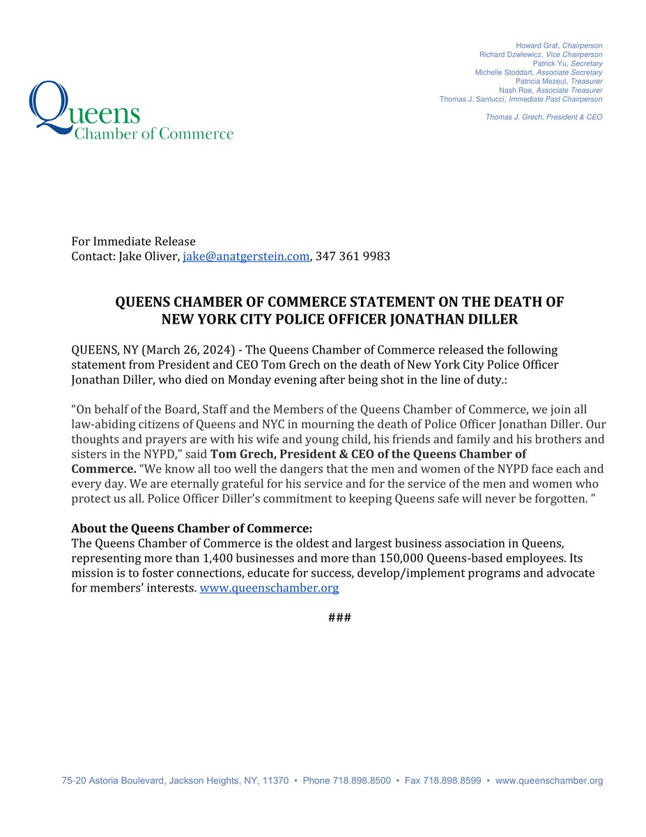 QUEENS CHAMBER OF COMMERCE STATEMENT ON THE DEATH OF NEW YORK CITY POLICE OFFICER JONATHAN DILLER