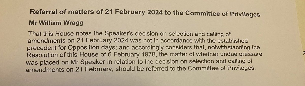 Exc: Fresh trouble for the Speaker This is a new motion in the name of William Wragg referring Lindsay Hoyle to the privileges committee The significance is that Tory MPs seem intent to get this on the floor of the Commons, bypassing regular processes which didn’t work I’m