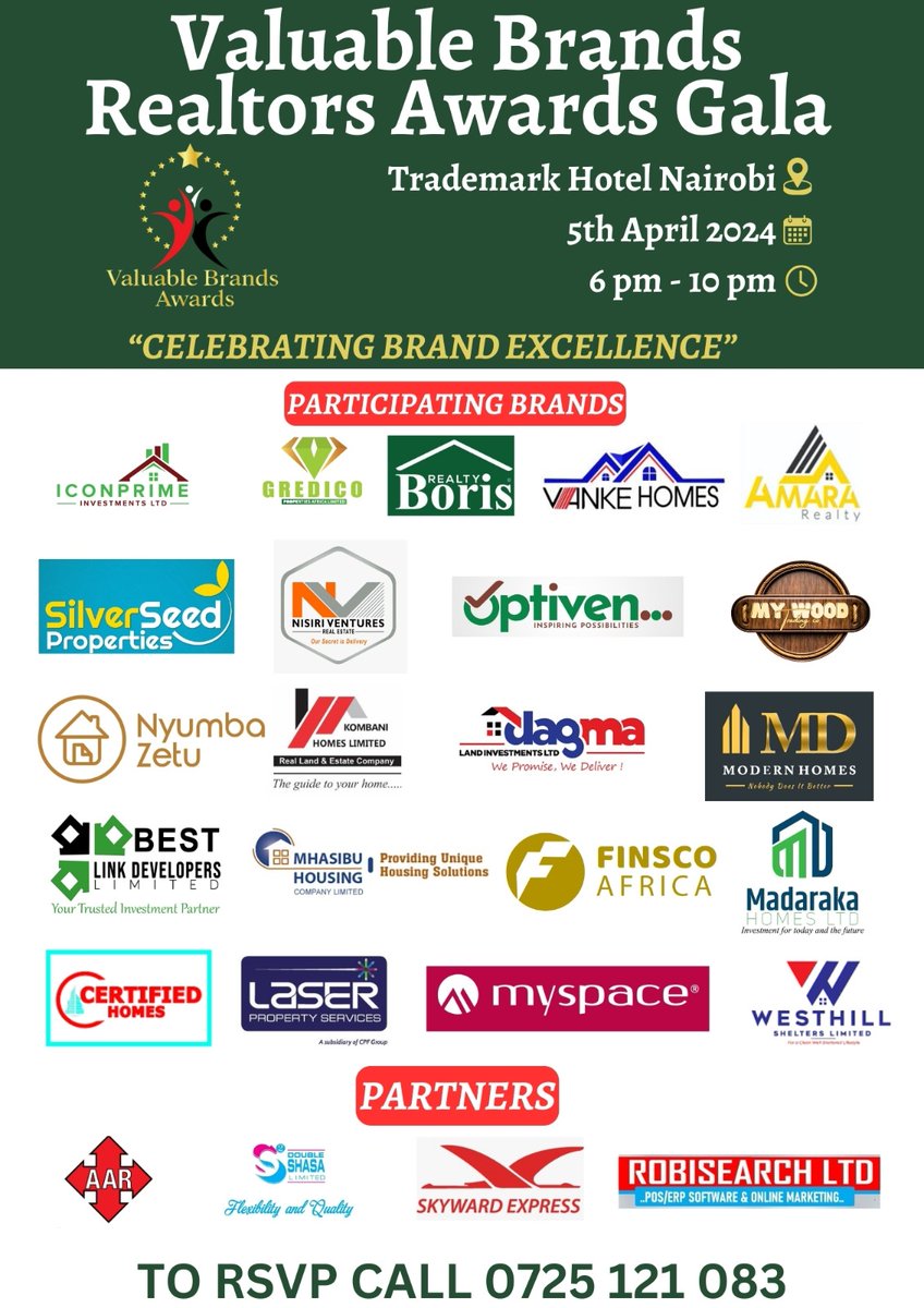 It's time to celebrate the best of the best in Kenya's real estate industry! Huge shoutout to the brand finalists for the Valuable Brands Realtors Awards. Your hard work and innovation are setting new standards for excellence. Keep shining! ✨

#BrandExcellence #ValuableBrands