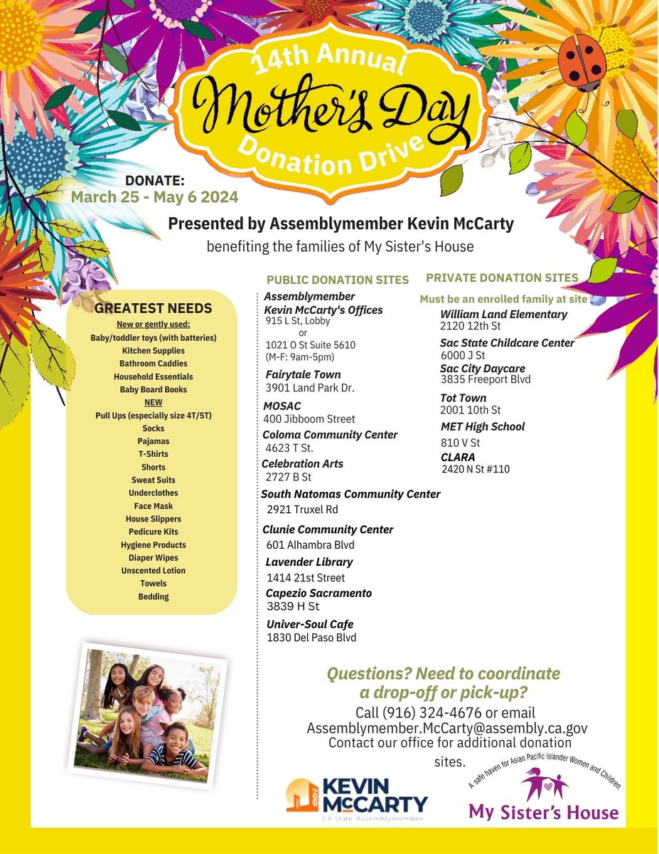 Sac Mayor Kevin McCarty (@mayormccarty) on Twitter photo My 14th Annual Mother’s Day Donation Drive has officially started! Items donated will benefit the families of <a href="/MySisters_House/">My Sister's House</a>. The drive will run until May 6th. See below for the greatest needs and donation drop-off sites. My 14th Annual Mother’s Day Donation Drive has officially started! Items donated will benefit the families of <a href="/MySisters_House/">My Sister's House</a>. The drive will run until May 6th. See below for the greatest needs and donation drop-off sites.