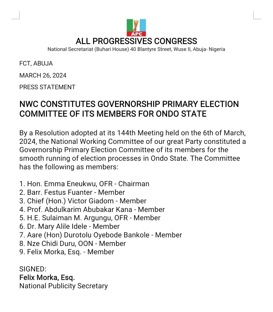 JUST IN: APC ammends schedule of activities and timetable for Ondo 2024 Guber primary election ... As NWC Constitutes Members of the Election Committee