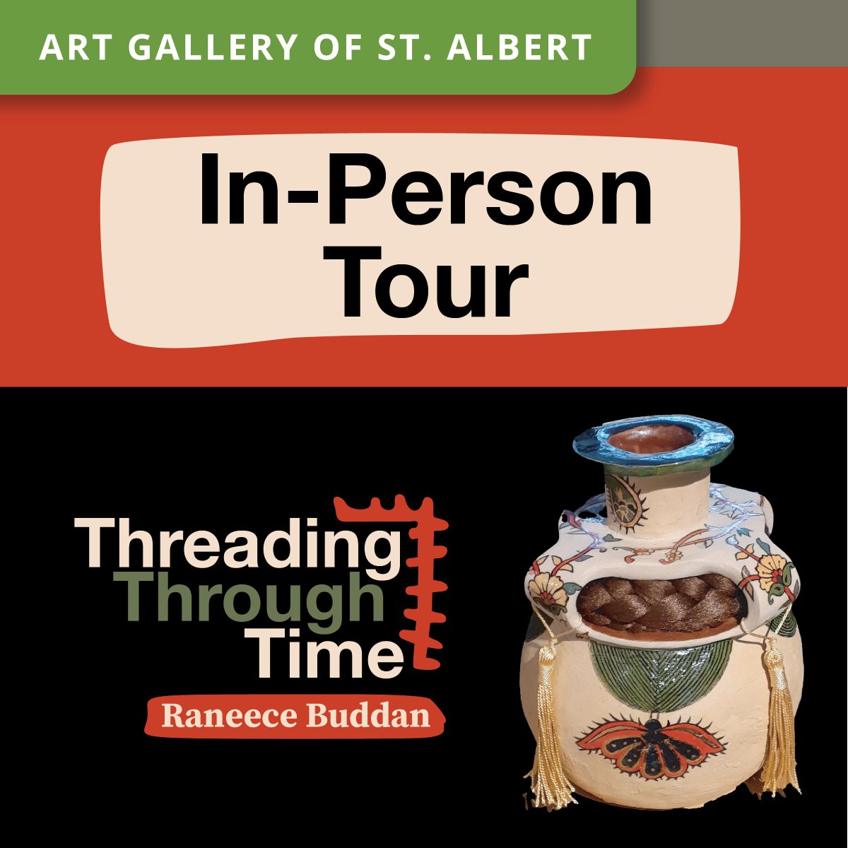 Join us tomorrow at noon for an in-person tour of Raneece Buddan's Threading Through Time. Our curator will encourage you to look closely and learn about the beautiful elements that inspired this work. Entry is free, and there is so much to learn! #art #tour #free #gallery