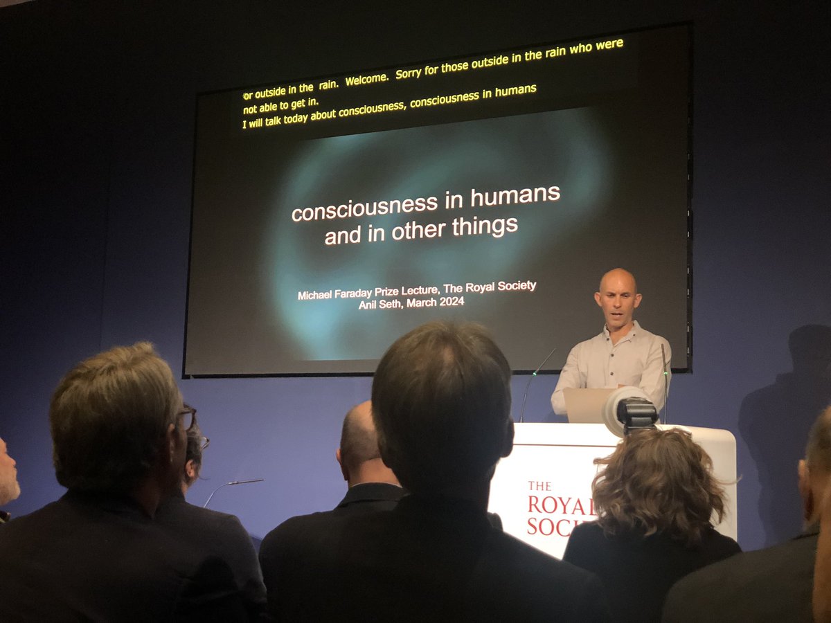 Totally packed hall and some very wet people still queuing outside @royalsociety as @anilkseth starts his Faraday Lecture.