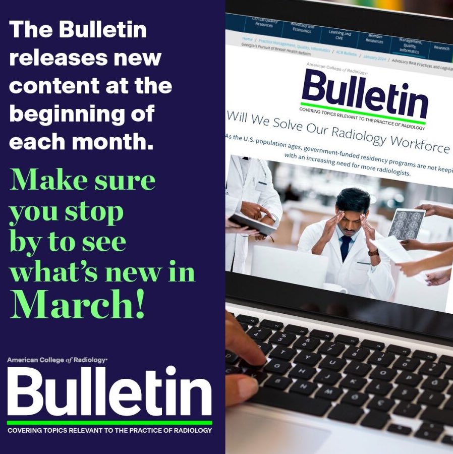 Check out this month's topics, from award recipients to data registries to the radiologist shortage at bit.ly/ACRMarch24. For additional content, check out the #ACRBulletin home page at acr.org/Practice-Manag…. @koolkpmd @amykpatel @ImageScribbler @ChudnallACR