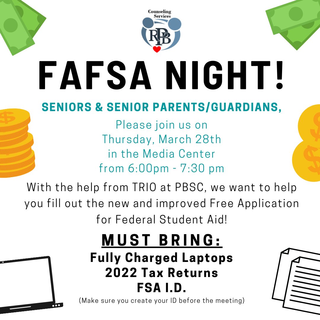 Wildcats, we hope you had a great spring break! This Thursday, March 28th we will be hosting another FAFSA help night with TRIO from PBSC. If you have not yet filled out your FAFSA, or if you have any outstanding questions about completing your FAFSA, we encourage you to join us!