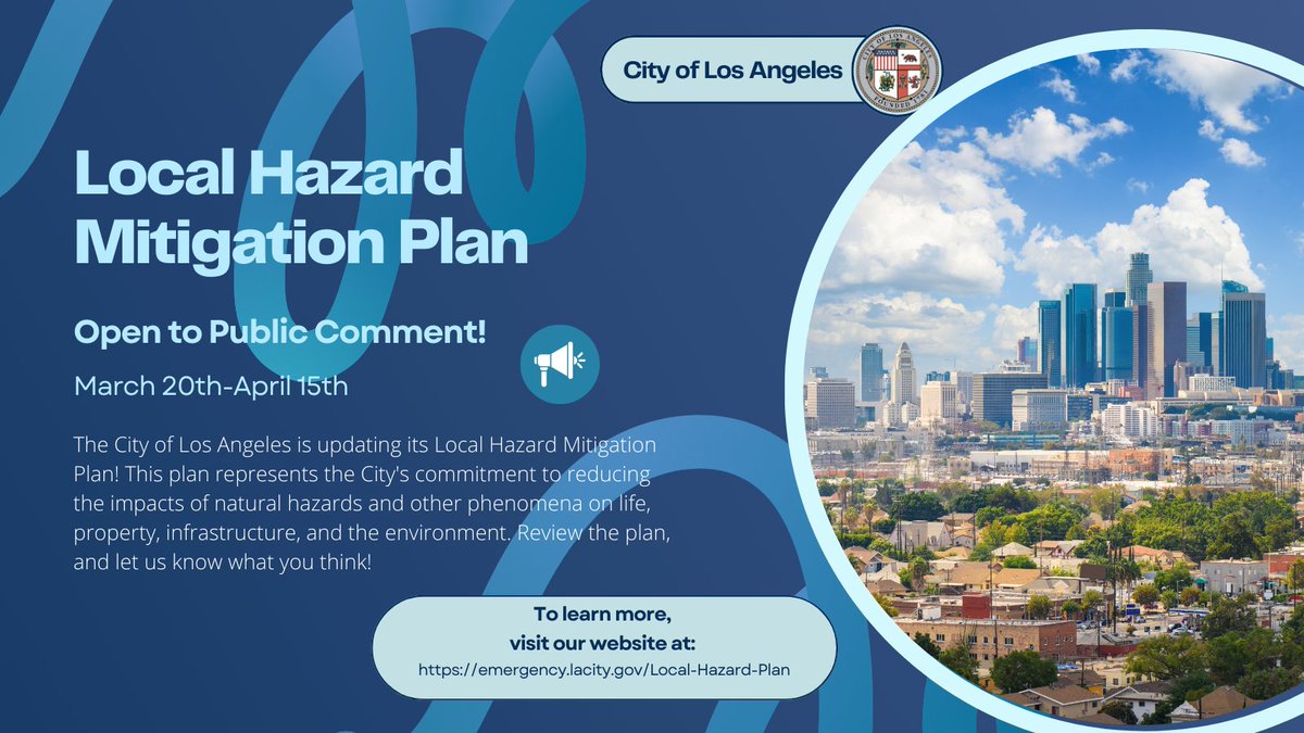 The City of Los Angeles Local Hazard Mitigation Plan is ready for public comment! We want to hear your thoughts and ideas on how we can make our community safer and more resilient. Learn more: emergency.lacity.gov/Local-Hazard-P… @ReadyLA #LHMP #LosAngeles #CommunitySafety #PublicComment