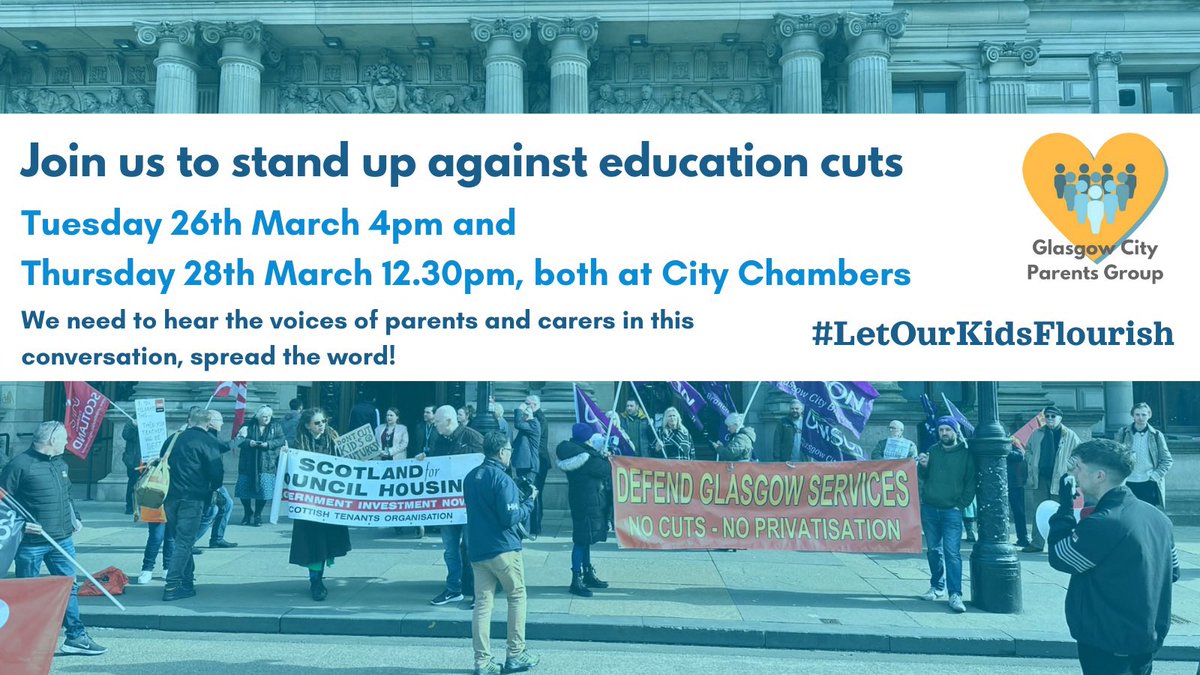 Glasgow City Parents Group (GCPG) (@gcparentsgroup) on Twitter photo After the turnout at tonight’s demo, it’s got us excited about Thursdays.
Another chance to let our voices be heard! Join us to stand against #EducationCuts
<a href="/GMBGlasgowCC/">Glasgow GMB</a> <a href="/EISGlasgow/">EIS Glasgow</a> <a href="/NASUWTGlasgow/">NASUWT Glasgow</a> <a href="/unisonscot/">UNISON Scotland</a>
We’ll be asking Cllrs to make a pledge
#LetOurKidsFlourish 💛 After the turnout at tonight’s demo, it’s got us excited about Thursdays.
Another chance to let our voices be heard! Join us to stand against #EducationCuts
<a href="/GMBGlasgowCC/">Glasgow GMB</a> <a href="/EISGlasgow/">EIS Glasgow</a> <a href="/NASUWTGlasgow/">NASUWT Glasgow</a> <a href="/unisonscot/">UNISON Scotland</a>
We’ll be asking Cllrs to make a pledge
#LetOurKidsFlourish 💛