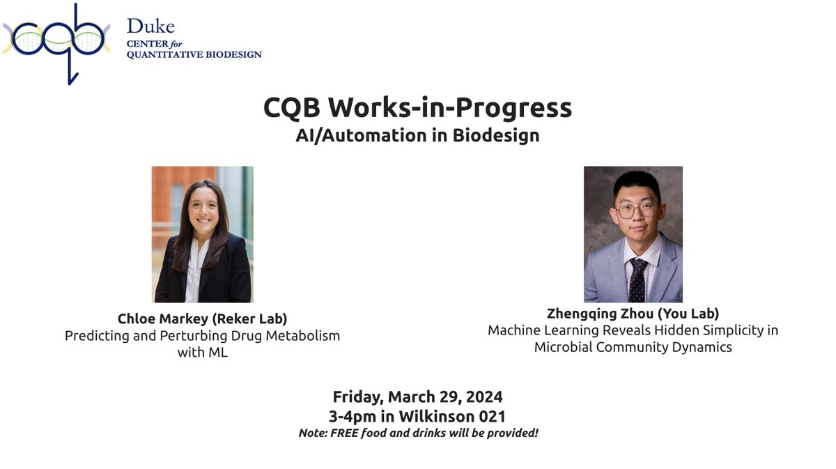 Join us this Friday, 3/29, from 3-4pm in Wilkinson 021 for our student-/postdoc-led seminar series on AI/Automation in Biodesign! Our presenters for this week are Chloe Markey from #RekerLab and Zhengquing Zhou from #YouLab. See the information below for details.