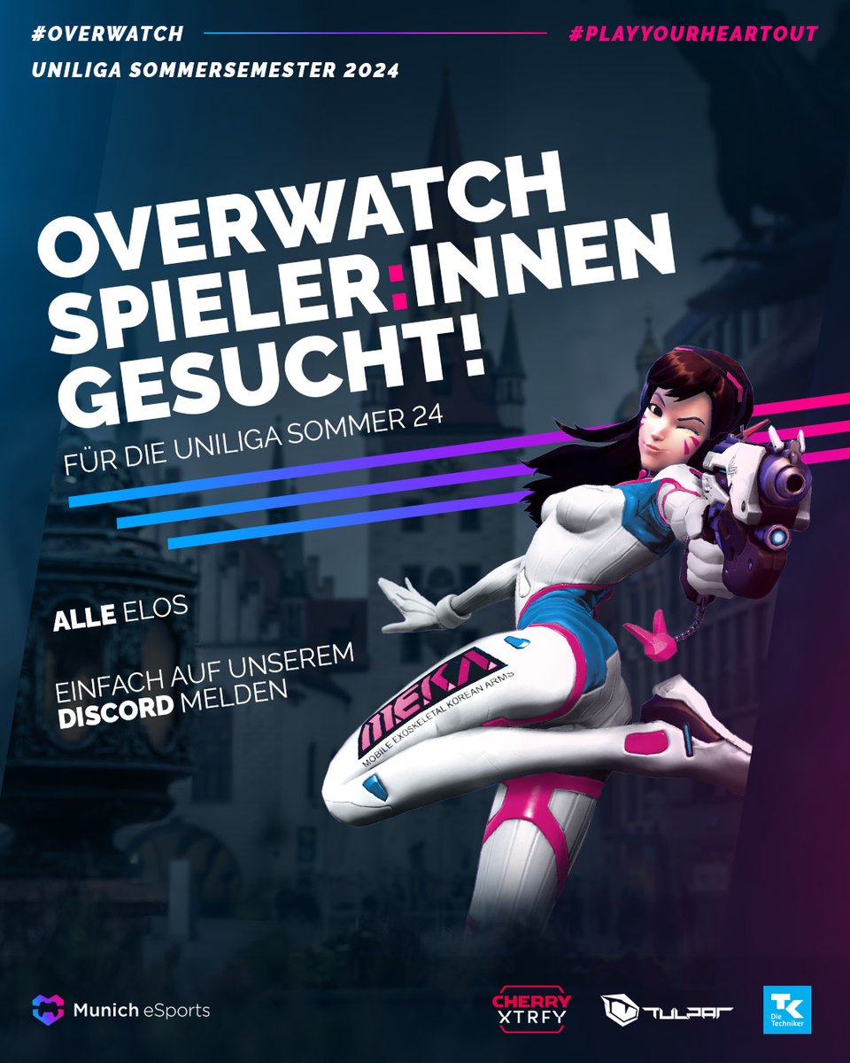 Unser #Overwatch <a href="/uniligaGG/">Uniliga</a>-Team sucht Spieler*innen!🔎

Du bist an einer Münchner Uni oder Hochschule eingeschrieben und hast Lust Overwatch in der #Uniliga zu spielen? Meld dich jetzt auf unserem Discord!

#PlayYourHeartOut #overwatch2 #lfp