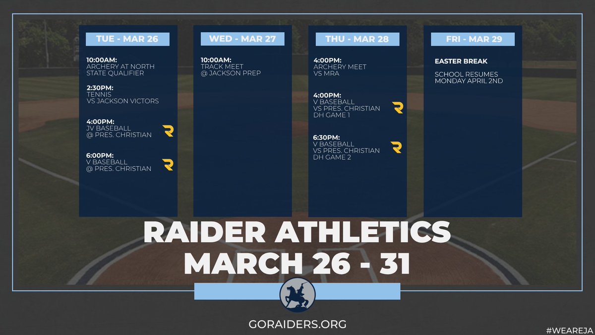 Here is the weekly schedule for all JA athletic events this week (March 26th - 31st). Remember, there is a Gold Raider Network R to show which events will be broadcast on The Raider Network. #WeAreJA