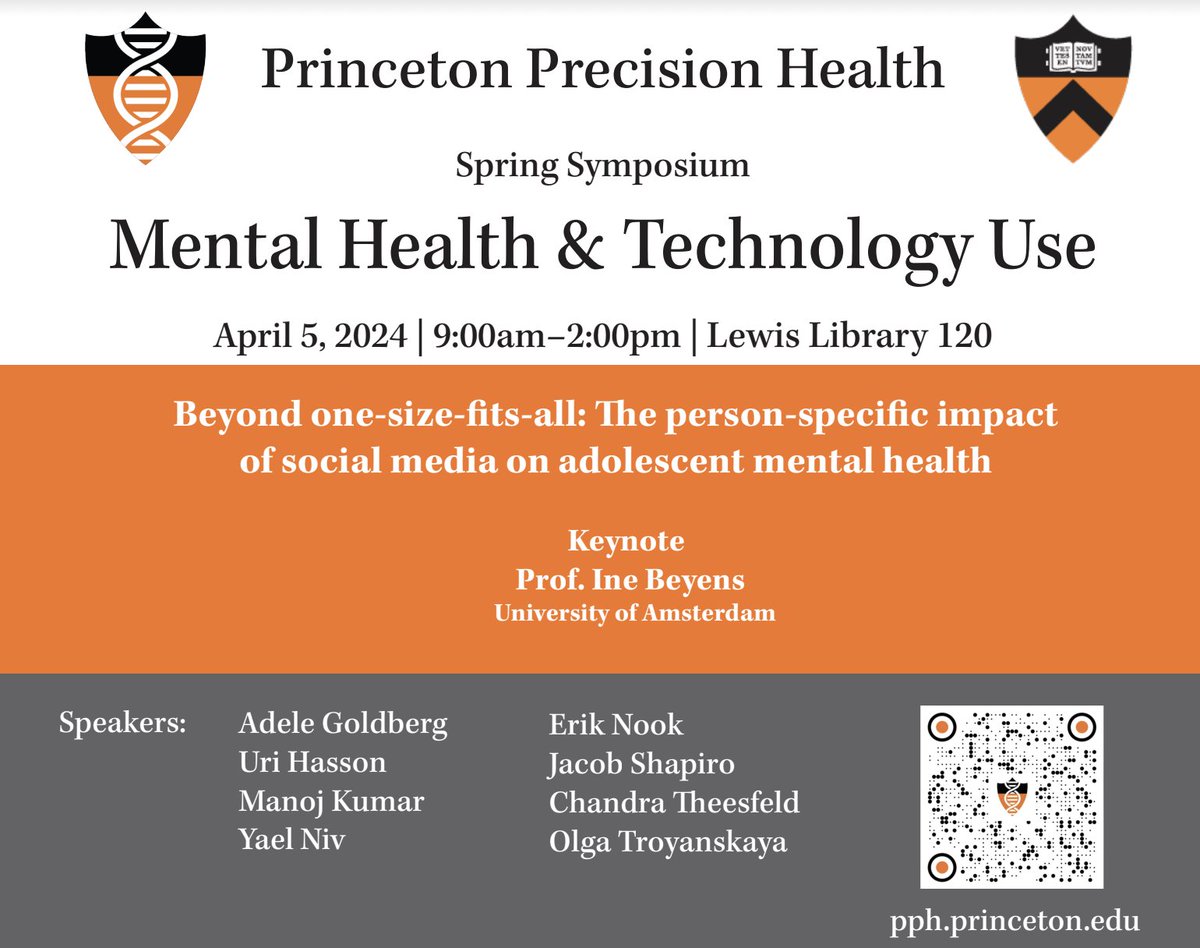 Join us for a Tech & Mental Health symposium on April 5, 9:00am at Lewis Library 120. Ine Beyens @IneBeyens will give a keynote “Beyond one-size-fits-all: the person-specific impact of social media on adolescent mental health' #PrincetonU #precisionhealth shorturl.at/vwNP4