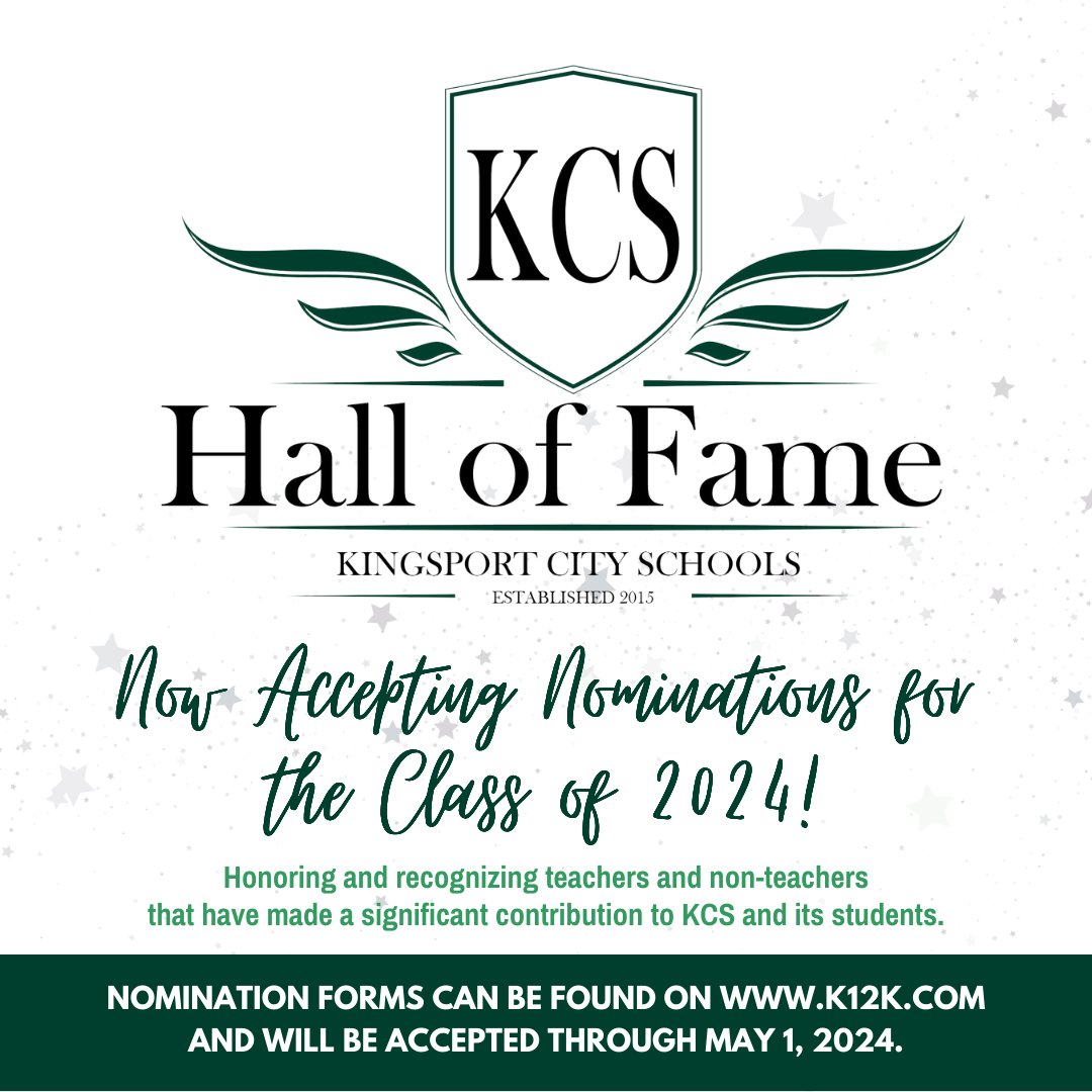 May 1, 2024 @ 11:59 PM is the deadline to nominate your favorite retired @kcs__district teacher or non-teacher for the 2024 class of the ✨✨KCS Hall of Fame!✨✨ Info & nomination form: bit.ly/KCSHallofFame