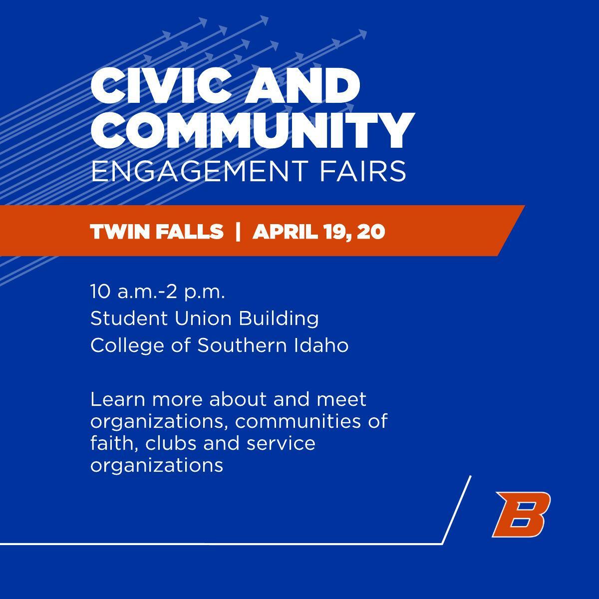 On Saturday, March 30, #BoiseState’s Institute for Advancing American Values launches the first of three civic engagement fairs in Southern Idaho for Spring 2024, aiming to increase involvement in community organizations, clubs, and related groups. boisestate.edu/americanvalues…