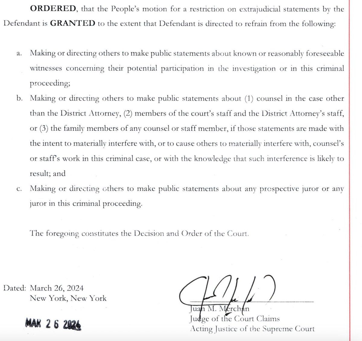BREAKING: NY judge issues a gag order restricting Trump's ability to attack witnesses, prosecutors, their families or jurors. nycourts.gov/LegacyPDFS/pre…