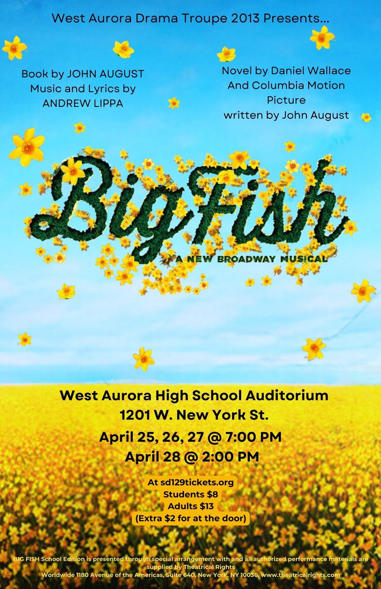 Mark your calendars for the spring musical, BIG FISH!🐠 

Tickets will be available soon! Stay tuned to find out when they go on sale. <a href="/WAactivities/">WestAuroraActivities</a> <a href="/sd129/">West Aurora School District 129</a> <a href="/129FineArts/">West Aurora Fine Arts</a>