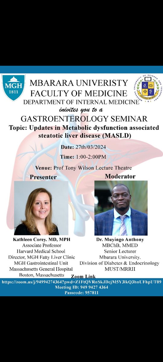 Interested in Fatty liver disease? Please join us tomorrow at 1pm as this expert breaks it down for us! Feel free to attend the physical meeting if you are within Mbarara city/ Hospital @MustMedFaculty. @PaulObwoya @nuwage @RoseMuhindo1 @kkananura @InternalmedMak