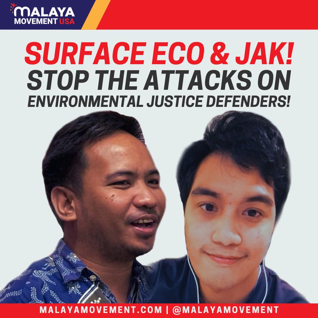 malaya_movement's tweet photo. #SurfaceEcoAndJak! #DefendEnvironmentalDefenders! We strongly denounce the abduction and forced disappearance of activists Eco Dangla III and Jak Tiong in Pangasinan on March 24. 

Read the full statement: https://t.co/0wif2rArK1 
#StopTheAttacks https://t.co/6uB2YWTQHC