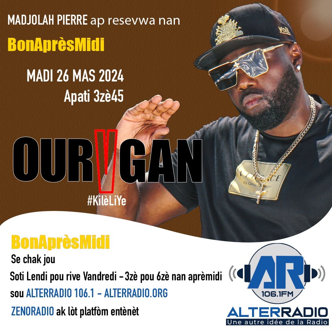 Talè konsa 3h45 <a href="/Ouragan703/">OuraganV</a>  sou <a href="/AlterRadioHaiti/">AlterRadio 106.1 FM</a> 106.1 FM alterradio.org <a href="/tunein/">TuneIn</a> , @Zeno_Media ak lòt platfòm entènèt.
Nan mikwo <a href="/madjohD1/">Madjolah Pierre</a> , K'ptèn nan! 
Brancheee.