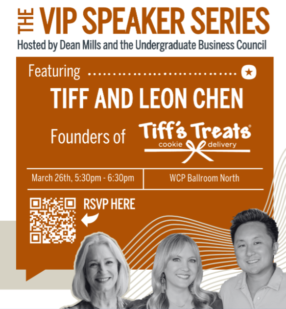 We're looking forward to hosting Tiff and Leon Chen (founders Tiff's Treats) tonight 5:30pm for our Undergraduate Business Council VIP Speakers Series Love to see you tonight! vipspeakerstifftreats.splashthat.com