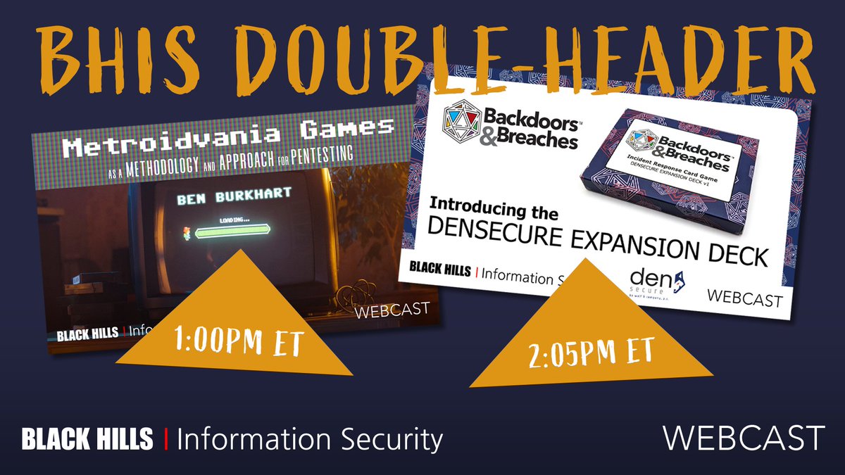 BHinfoSecurity's tweet image. Hey folks!

Join us for two free one-hour Black Hills Information Security (BHIS) webcasts on Thursday, March 28th.

Register and attend one or both of the webcasts:
events.zoom.us/ev/AsnGPEP9qjh…

1pm ET — Metroidvania Games as a Methodology and Approach for Pentesting w/ Ben Burkhart…