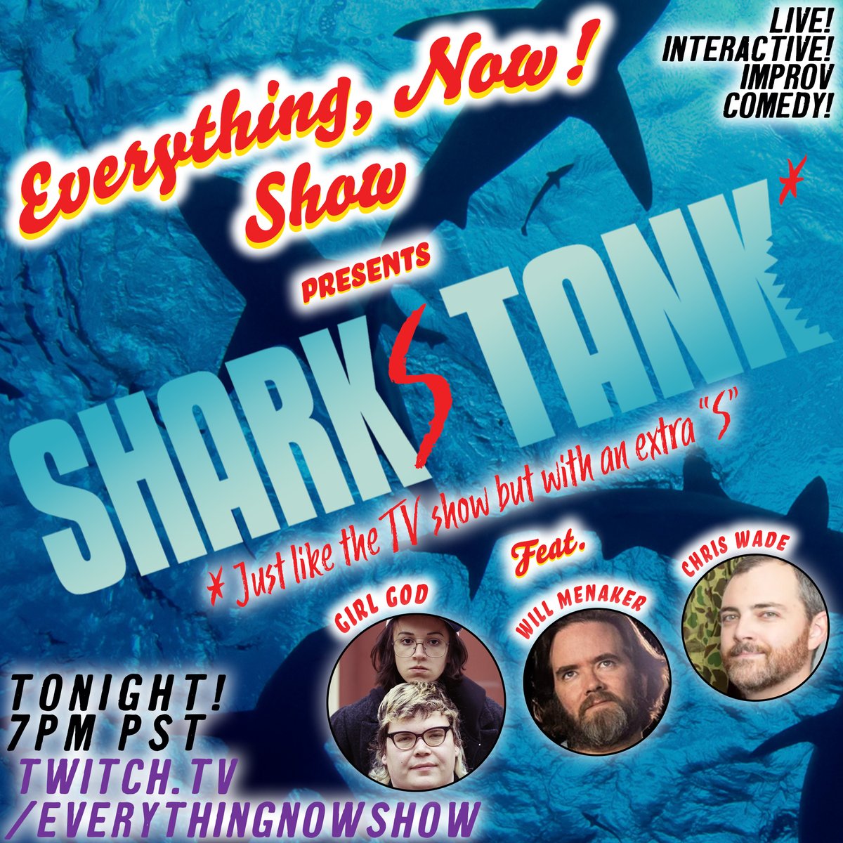 Get your business acumen acumenized -- it's time for another SHARK(S) TANK! Feat. @willmenaker & @saywhatagain of @CHAPOTRAPHOUSE as our sharks, w/ pitches from @autogynefiles & @GraceGFreud of @GirlGodLive !