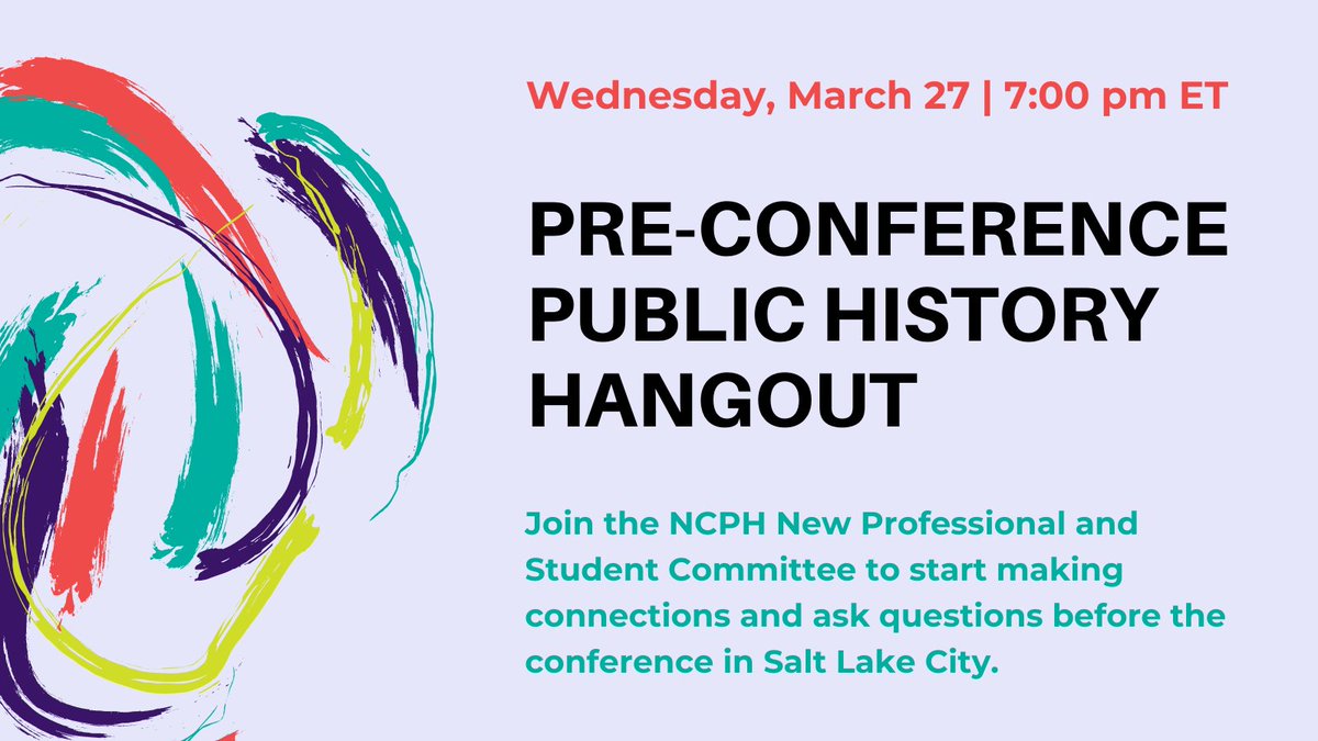 Don't forget to sign up for the Pre-Conference Public History Hangout TOMORROW, March 27, at 7pm Eastern! Start making connections with other #NCPHUHS2024 attendees and ask questions before landing in Salt Lake City. @NCPH_NPstudent  community.ncph.org/event/PreConPH…