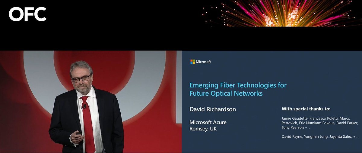 In his plenary keynote at OFC, Microsoft's David Richardson looked at emerging transmission fibre technologies and where they might prove most disruptive in future optical networks. >> Read more: fibre-systems.com/article/ofc-20… #OFC24 #opticalnetworking #opticalfibre #Photonics100