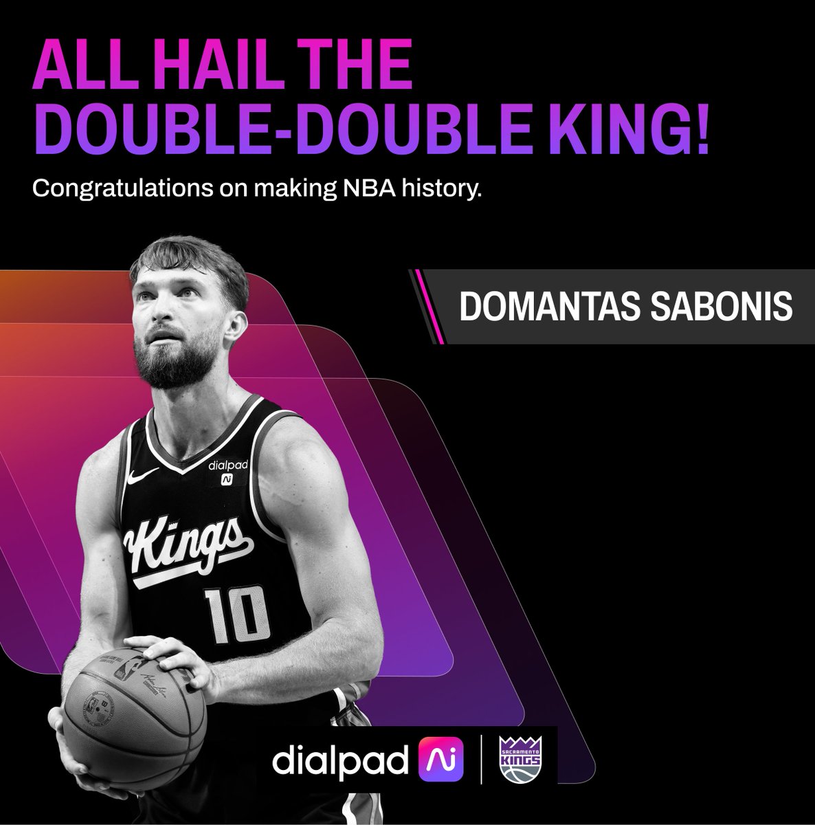 @Dialpad's seeing #doubledouble. @Dsabonis11 is going to need a bigger crown. 👑 Last night, he broke Kevin Love’s record for the longest double-double streak in the last 50 years! We’re so honored to partner with the #beamteam!