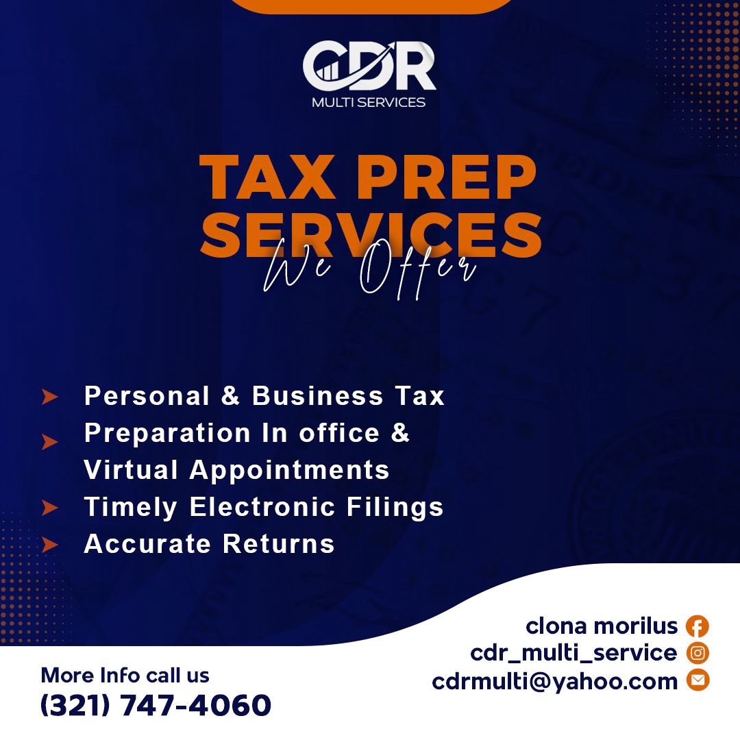 We are officially 21 days away for tax deadline and you don't want to be penalized Contact CDR Multiple services for all your tax needs. Don't leave any money on the table!! Give CDR_Multi_Service a call to make sure you are maximizing your return. For all 50 states 📱 3217474060…