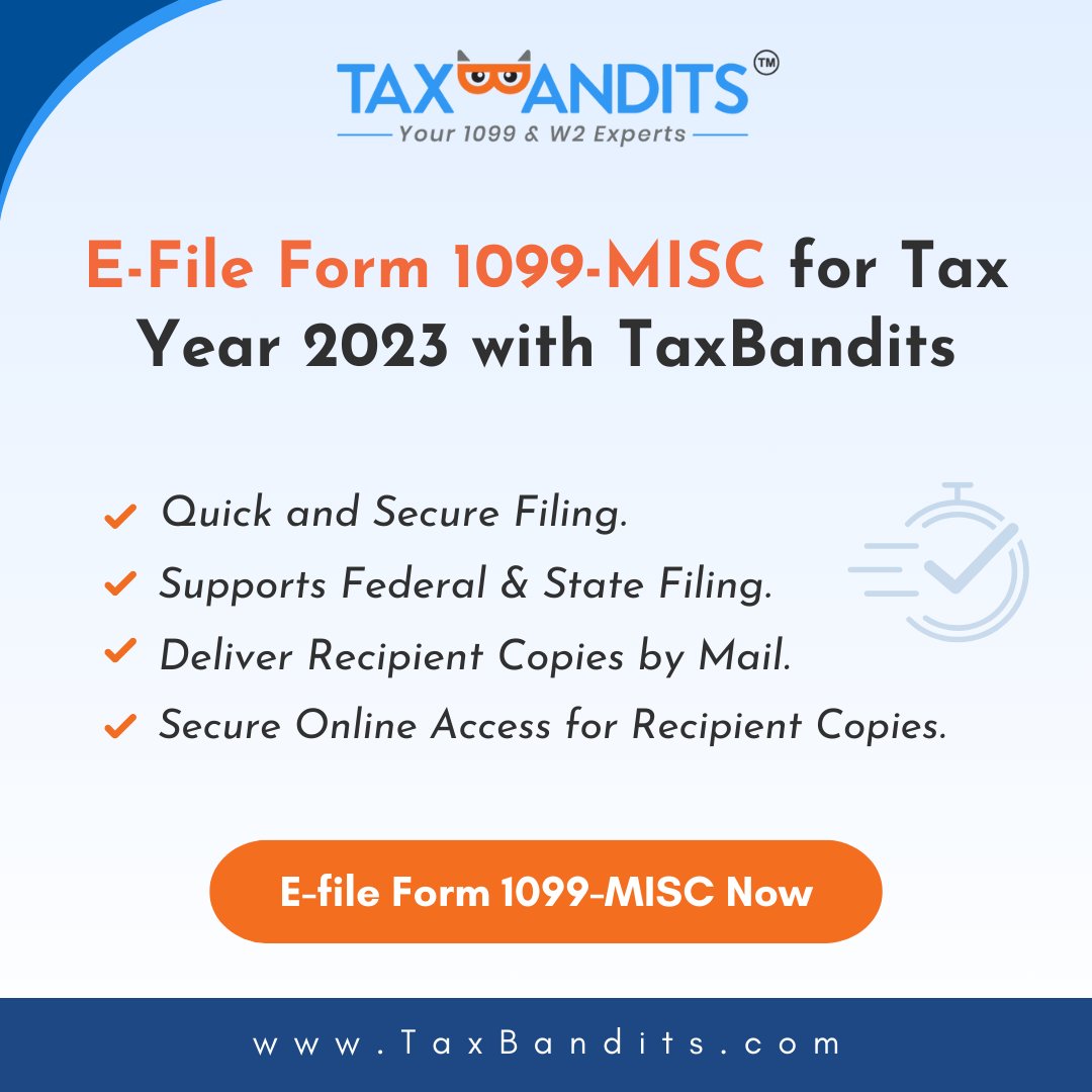 Form 1099-MISC and more must be e-filed with the IRS in less than a week!

Get started with TaxBandits today to meet your deadline: bit.ly/3oOvM6n  

 #Form1099MISC #1099Filing #IRS #TaxBandits