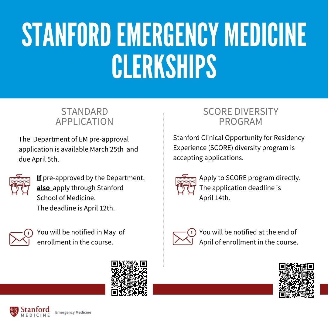 We are now accepting pre-approval applications for #EMclerkship with @StanfordEMED! Apply by 4/5. Applications are also being accepted for the SCORE program for diversity, due 4/14. Learn more about both at ow.ly/evHP50QWYGs