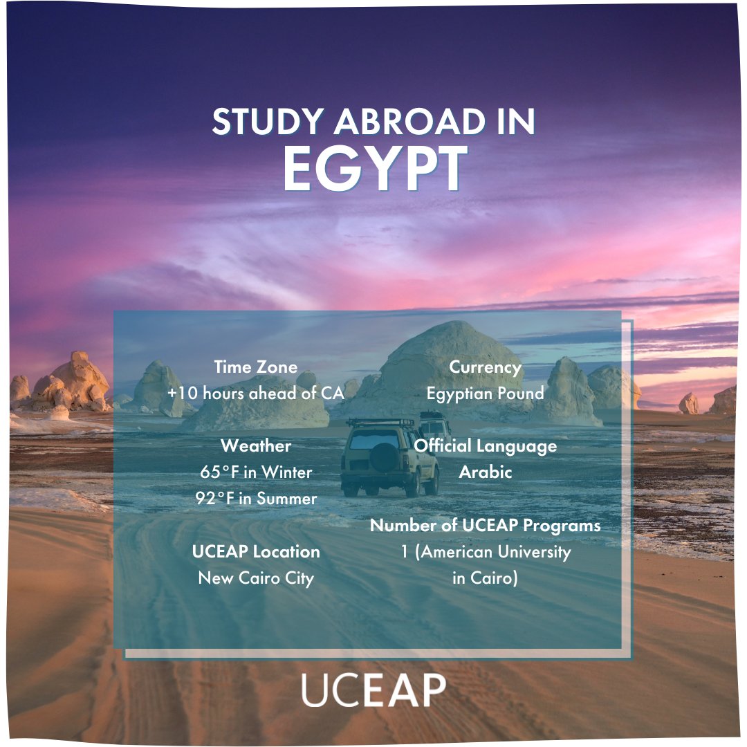 🎉 NEW LOCATION ALERT! 🇪🇬 UCEAP Explore the World: Egypt Students have the chance to study at the American University in Cairo, one of Egypt’s leading institutions in the residential and serene neighborhood of New Cairo. Learn more here: l8r.it/EMS8