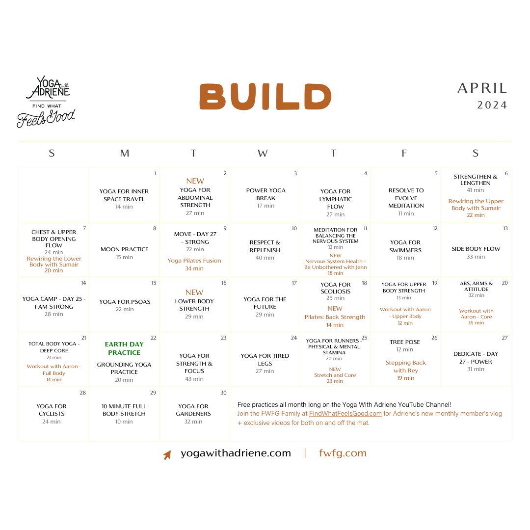 Join me this April for a super fun, thoughtfully curated month of classes designed to help you step into your field of dreams. Tap the link below to download your BUILD Yoga Calendar and check out the playlist on the YWA YouTube Channel! yogawithadriene.com/calendar/